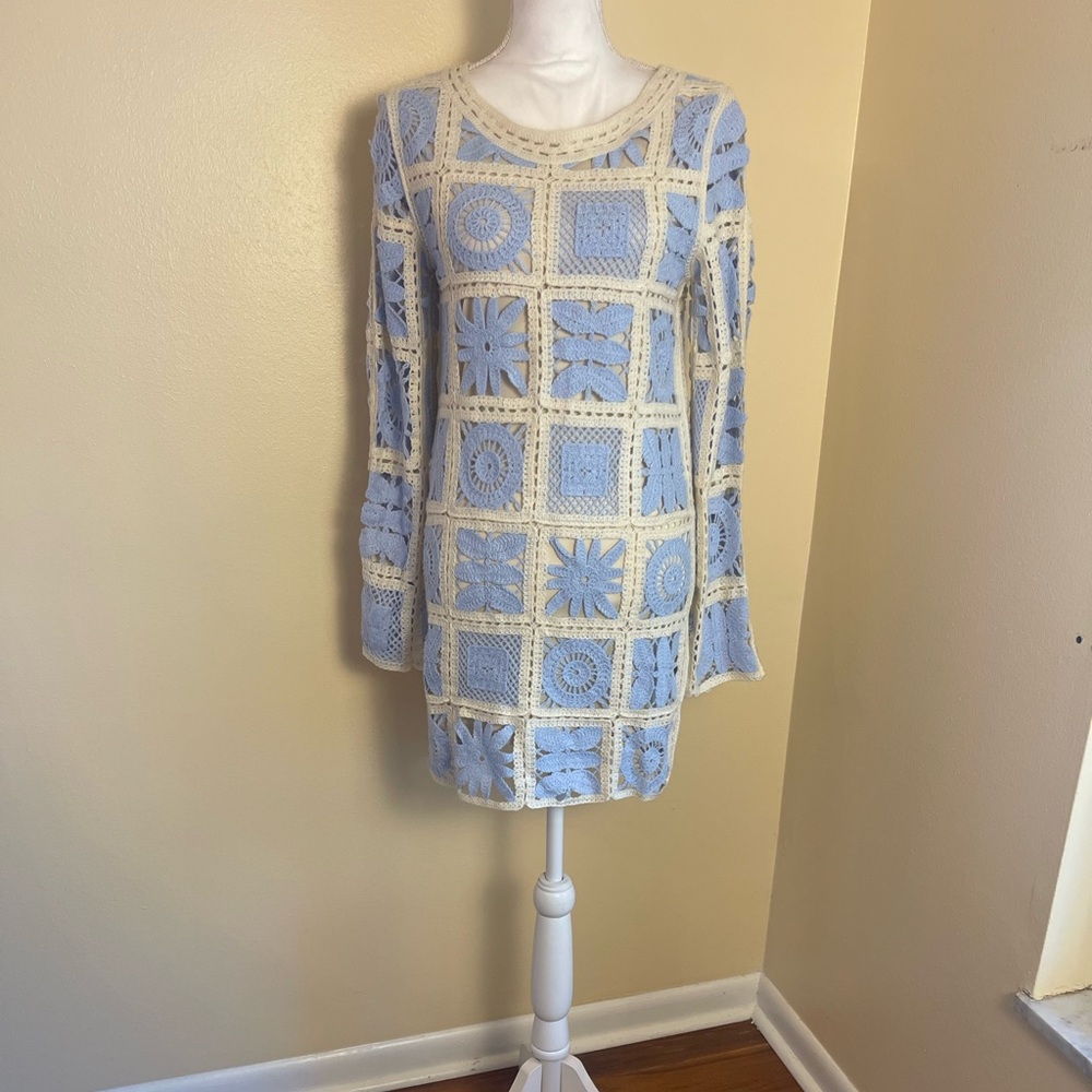 Ivory Crochet Lace Mini Dress S Granny Square Patchwork Boho Cottagecore Retro - Picture 2 of 14